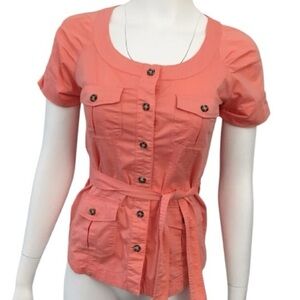 New York & Co Belted Four Pockets Short Sleeve Button-Up Top Size S